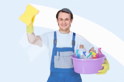 Carpet cleaning team preparing a safe work area